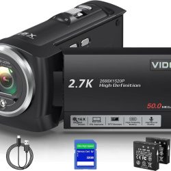 Camcorder Video Camera QHD 2.7K 50MP 16X Digital Zoom Vlogging Camera with LED Fill Light for YouTube, 2.8 Inch 270 Degree Rotation LCD Screen Camcorder with 32GB SD Card and Two Batteries