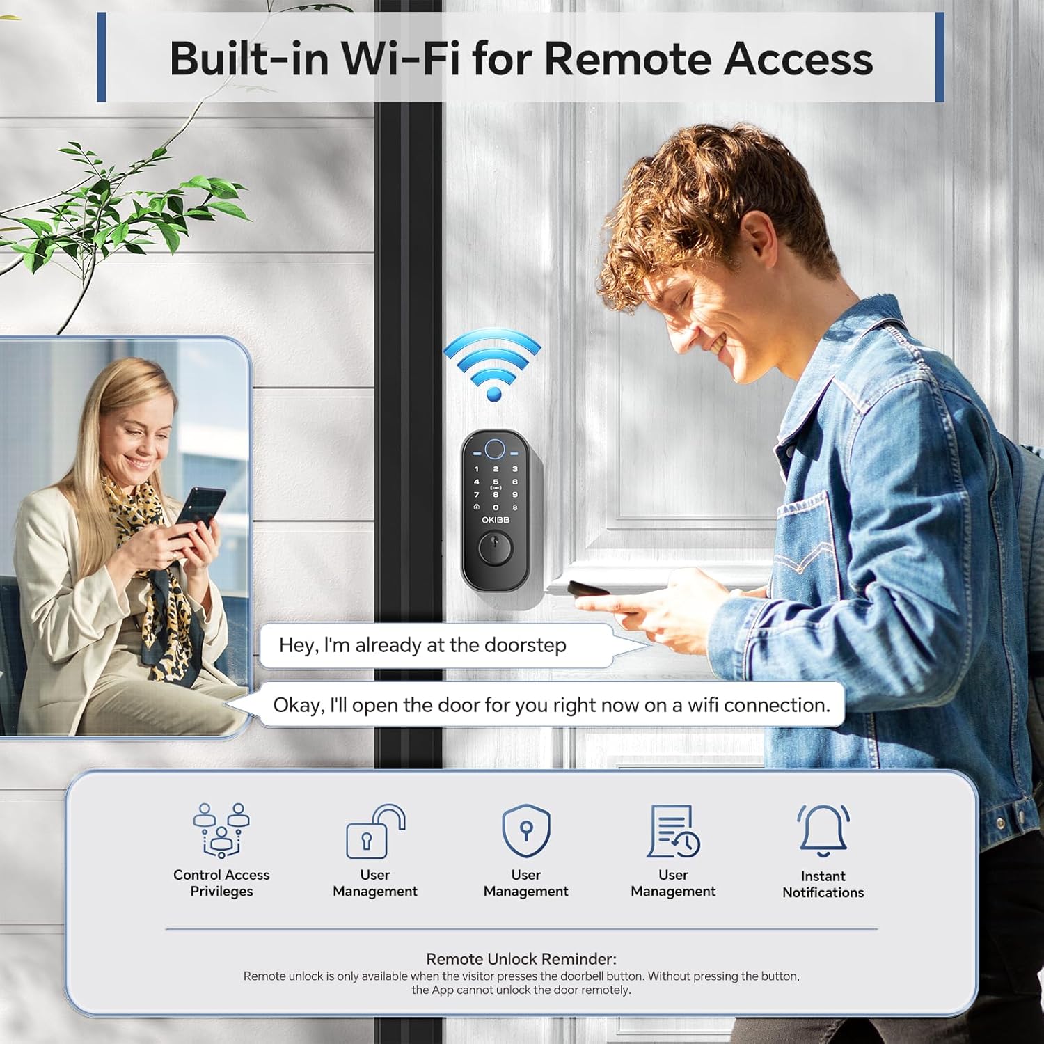 Smart Lock with Built-in Wi-Fi App Remote Control, OKIBB Fingerprint Door Lock with Doorbell, Keyles Entry Door Lock with Emergency Power Supports Alexa IP54 Waterproof ANSI Grade 3 - Image 3