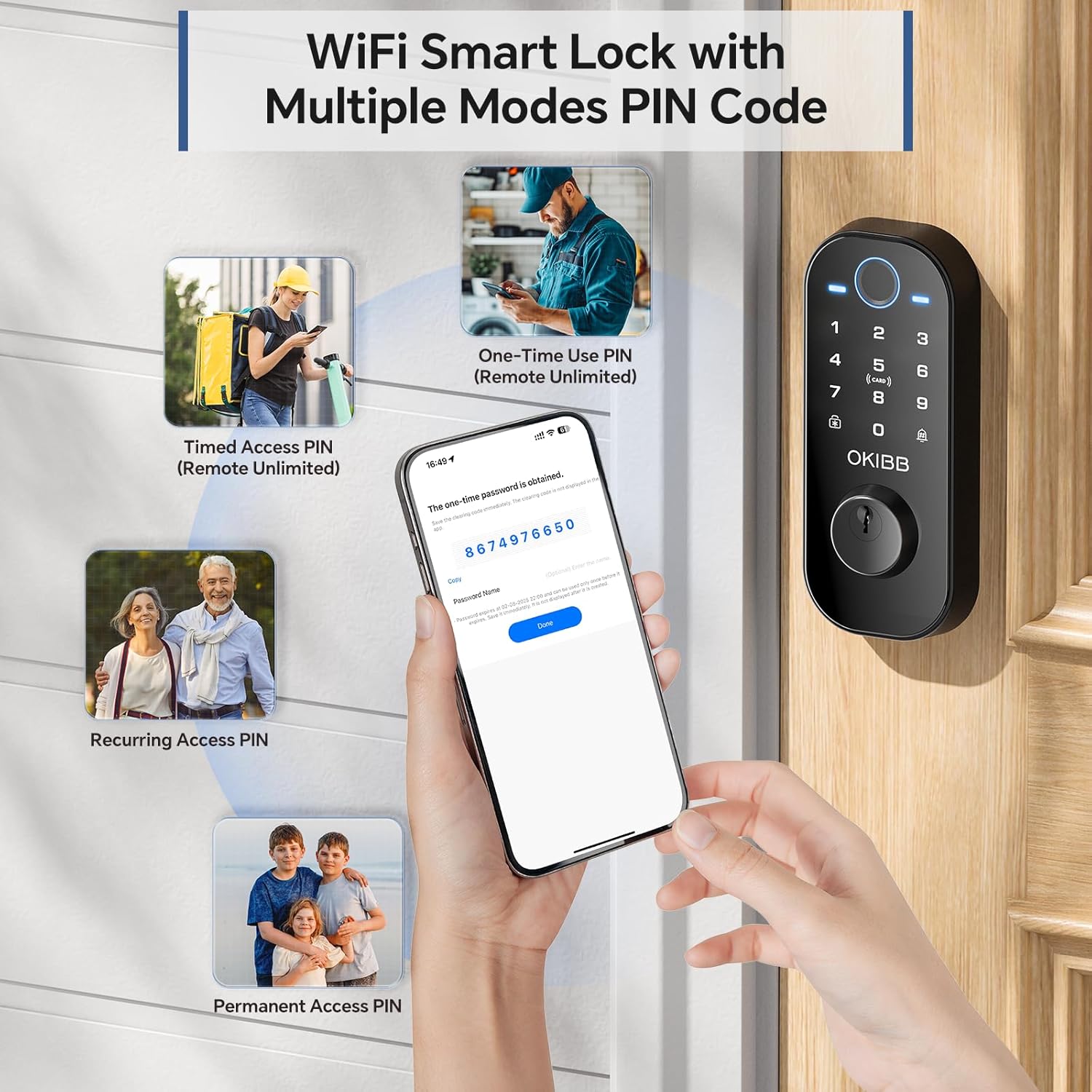 Smart Lock with Built-in Wi-Fi App Remote Control, OKIBB Fingerprint Door Lock with Doorbell, Keyles Entry Door Lock with Emergency Power Supports Alexa IP54 Waterproof ANSI Grade 3 - Image 4