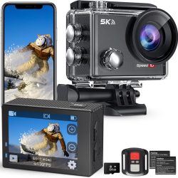 Speed 10 Action Camera 5K 30FPS Waterproof Camera Underwater 131 FT with EIS, Remote Control Sports Camera 5X Zoom with 64GB Card, 2x1350mAh Battery