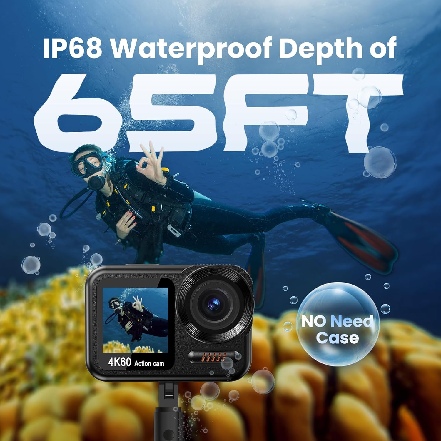 Upgrade 4K60FPS WiFi Action Camera 64MP Waterproof Camera with Touch Rear Screen, 8X Zoom Underwater Camera Snorkeling 65FT No Need a Waterproof Case with 64GB Card, Ideal for Travel Sports Vlog - Image 3