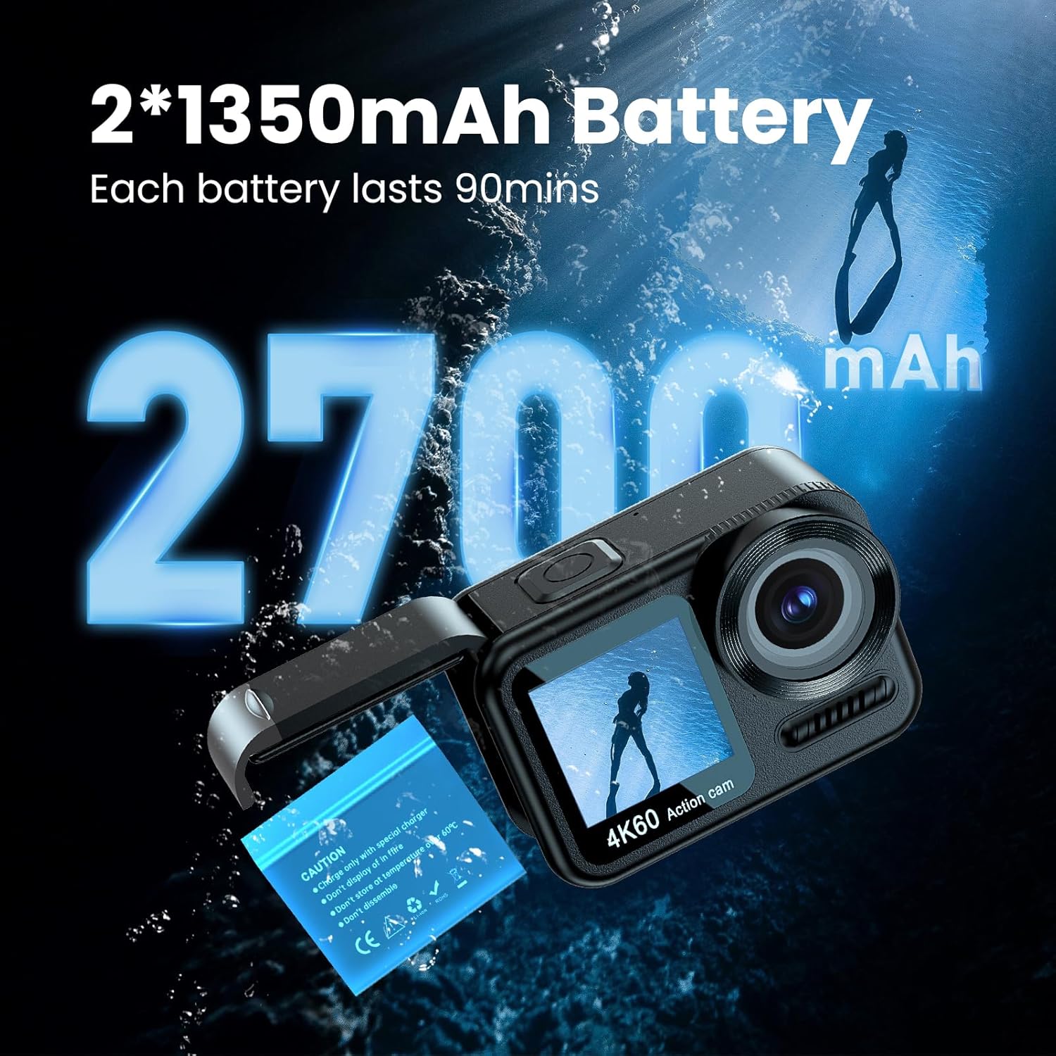 Upgrade 4K60FPS WiFi Action Camera 64MP Waterproof Camera with Touch Rear Screen, 8X Zoom Underwater Camera Snorkeling 65FT No Need a Waterproof Case with 64GB Card, Ideal for Travel Sports Vlog - Image 6